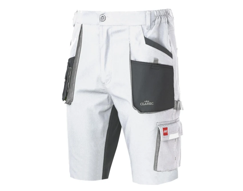 Spodenki robocze stretch slim biało-szare z 10 kieszeniami