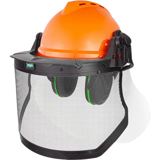 Kask ochronny bhp Msa Forestry Kit z siatkową osłoną twarzy i nausznikami pomarańczowy