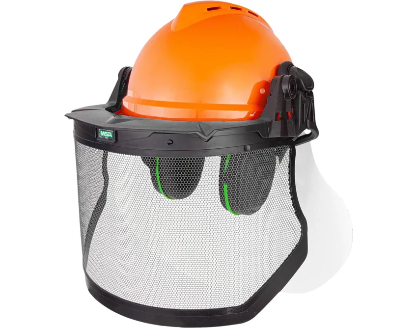 Kask ochronny bhp Msa Forestry Kit z siatkową osłoną twarzy i nausznikami pomarańczowy