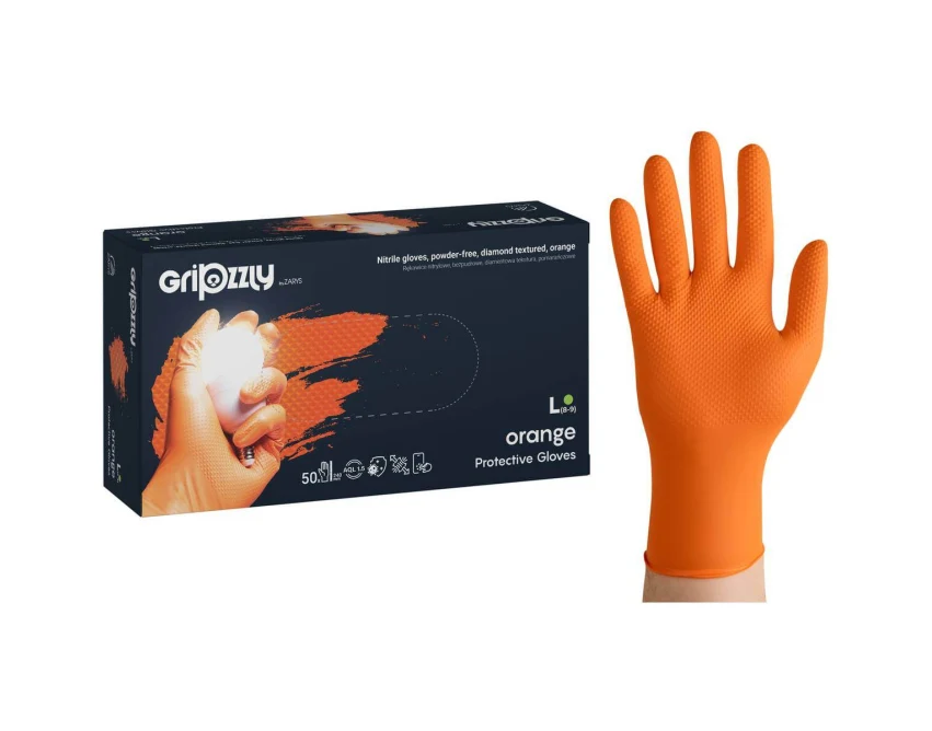 Rękawiczki jednorazowe nitrylowe pomarańczowe Gripzzly Zarys diamond grip 50 sztuk
