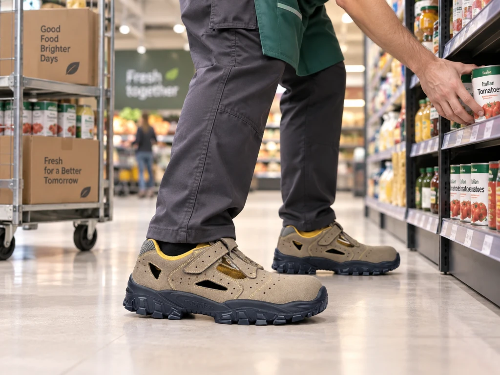 Pracownik supermarketu w sandałach roboczych z podnoskiem podczas wykładania towaru na regał