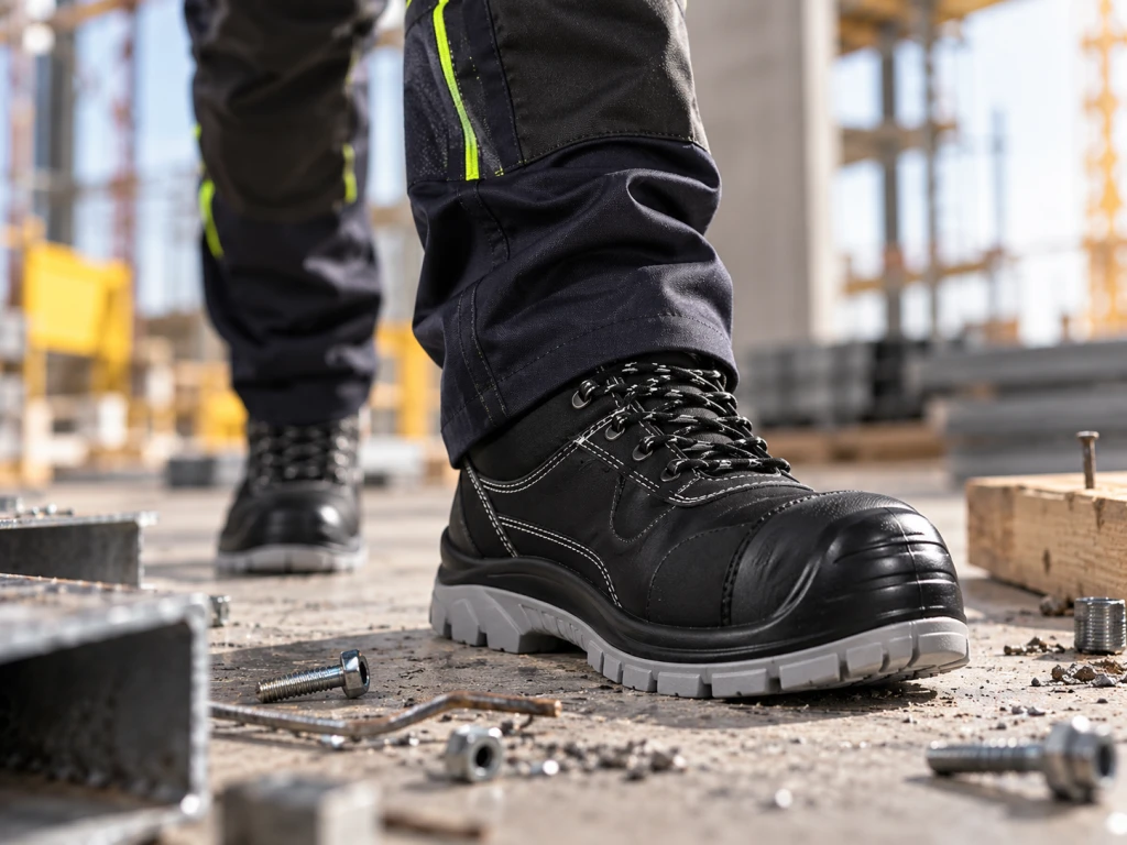 Buty robocze S3 na budowie, na podłożu z betonem, gruzem i elementami konstrukcyjnymi.