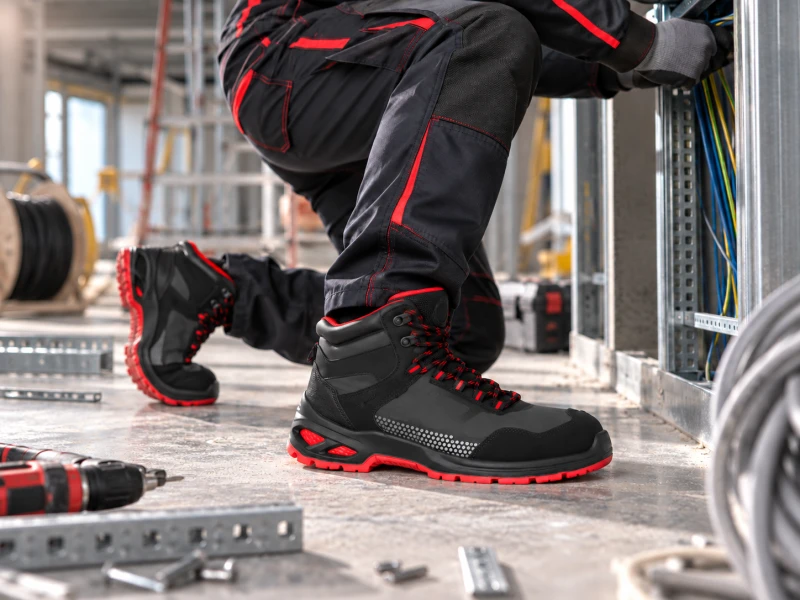 Czarno-czerwone buty robocze S3 podczas prac instalacyjnych na budowie, w industrialnym wnętrzu z elementami montażowymi na podłodze